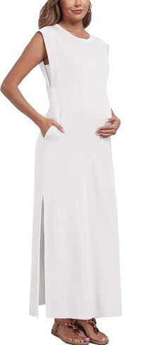 Summer Sleeveless Maternity Dress, Casual Loose Split Wrinkle-Free Long Maxi Dress with Pockets in Kuwait