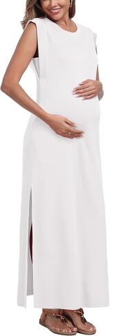 Summer Sleeveless Maternity Dress, Casual Loose Split Wrinkle-Free Long Maxi Dress with Pockets in Kuwait