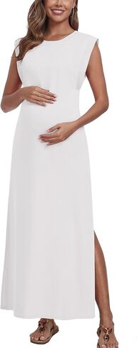 Summer Sleeveless Maternity Dress, Casual Loose Split Wrinkle-Free Long Maxi Dress with Pockets in Kuwait