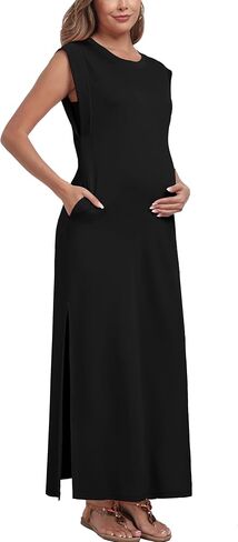 Summer Sleeveless Maternity Dress, Casual Loose Split Wrinkle-Free Long Maxi Dress with Pockets in Kuwait