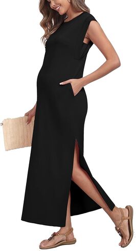 Summer Sleeveless Maternity Dress, Casual Loose Split Wrinkle-Free Long Maxi Dress with Pockets in Kuwait