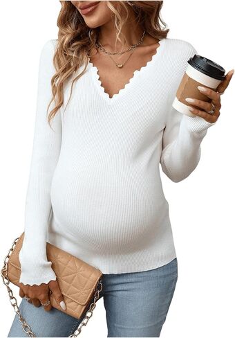 MakeMeChic Women's Maternity Sweater Scallop Trim Notched Long Sleeve Ribbed Pregnancy Top in Saudi Arabia