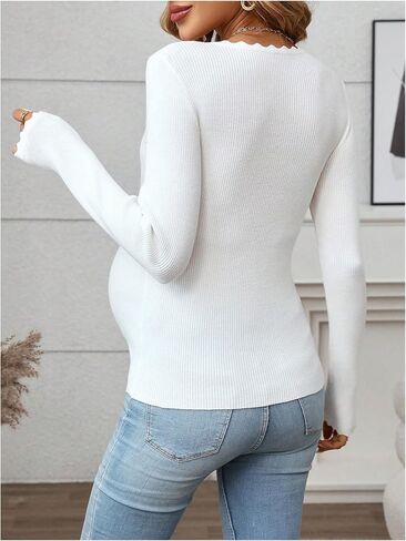 MakeMeChic Women's Maternity Sweater Scallop Trim Notched Long Sleeve Ribbed Pregnancy Top in Saudi Arabia