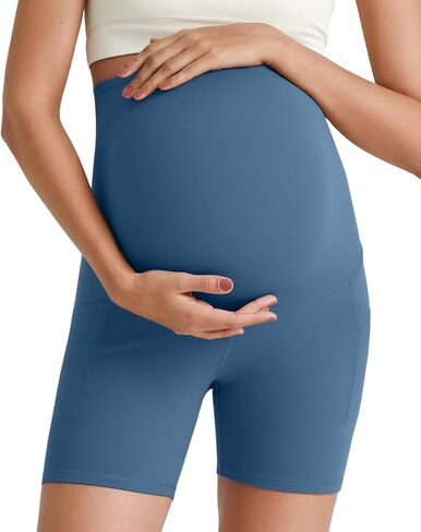 G4Free Barefeel Maternity Biker Shorts with Pockets Over The Belly Legging Pregnancy Yoga Pants Athletic Workout 5" 8.5" in Saudi Arabia