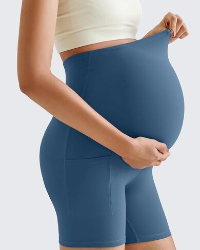 G4Free Barefeel Maternity Biker Shorts with Pockets Over The Belly Legging Pregnancy Yoga Pants Athletic Workout 5" 8.5" in Saudi Arabia