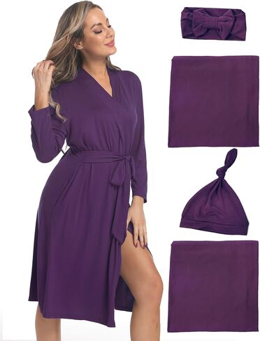 Maternity Robe with Matching Swaddle Set, Mommy Me Set Soft Women Maternity Sleepwear Bathroom Long Sleeves Robe in Saudi Arabia
