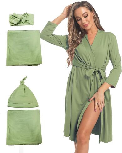 Maternity Robe with Matching Swaddle Set, Mommy Me Set Soft Women Maternity Sleepwear Bathroom Long Sleeves Robe in Saudi Arabia