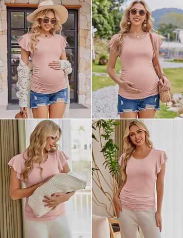 Ekouaer Women's Maternity Shirts 3 Packs Flying Short Sleeve Pregnancy Tops Side Ruched Tunic Blouse Mama Clothes S-XXL in Saudi Arabia