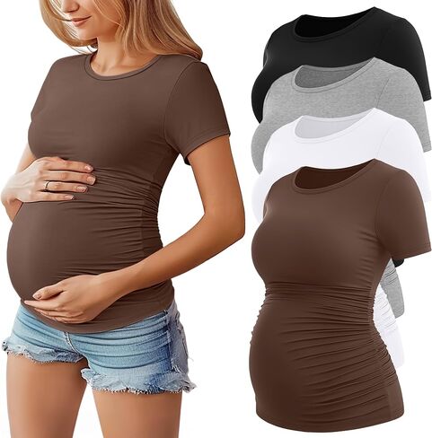Huukaey 4 حزمة قمصان الأمومة النسائية ، طاقم الرقبة أعلى الأكمام قصيرة الأكمام القطن الطائر جانب الحمل روتشيد ملابس الحمل in Kuwait