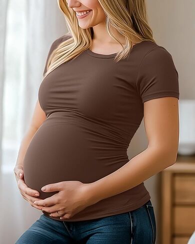 Huukaey 4 حزمة قمصان الأمومة النسائية ، طاقم الرقبة أعلى الأكمام قصيرة الأكمام القطن الطائر جانب الحمل روتشيد ملابس الحمل in Kuwait