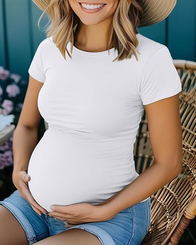 Huukaey 4 حزمة قمصان الأمومة النسائية ، طاقم الرقبة أعلى الأكمام قصيرة الأكمام القطن الطائر جانب الحمل روتشيد ملابس الحمل in Kuwait