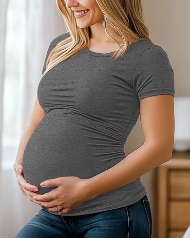 Huukaey 4 حزمة قمصان الأمومة النسائية ، طاقم الرقبة أعلى الأكمام قصيرة الأكمام القطن الطائر جانب الحمل روتشيد ملابس الحمل in Kuwait
