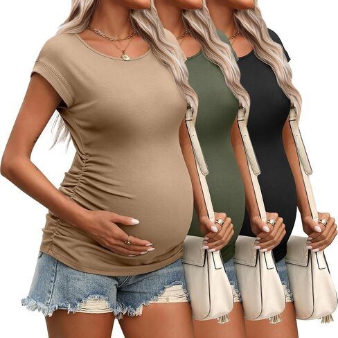 Ficerd 3 Pack Women's Maternity T-Shirts Side Ruched Pregnancy Tops Crew Neck Cap Sleeve Tee Cotton Short Sleeve Mama Clothes in Saudi Arabia