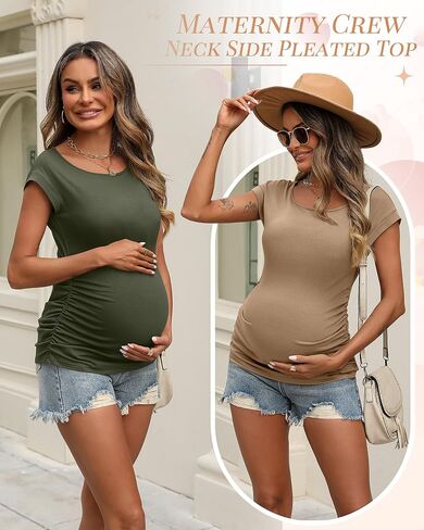Ficerd 3 Pack Women's Maternity T-Shirts Side Ruched Pregnancy Tops Crew Neck Cap Sleeve Tee Cotton Short Sleeve Mama Clothes in Saudi Arabia