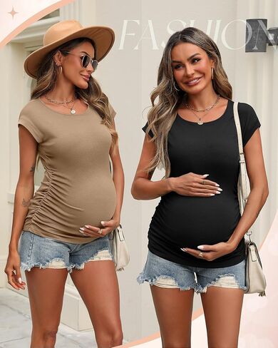 Ficerd 3 Pack Women's Maternity T-Shirts Side Ruched Pregnancy Tops Crew Neck Cap Sleeve Tee Cotton Short Sleeve Mama Clothes in Saudi Arabia