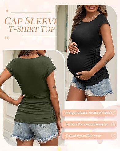 Ficerd 3 Pack Women's Maternity T-Shirts Side Ruched Pregnancy Tops Crew Neck Cap Sleeve Tee Cotton Short Sleeve Mama Clothes in Saudi Arabia