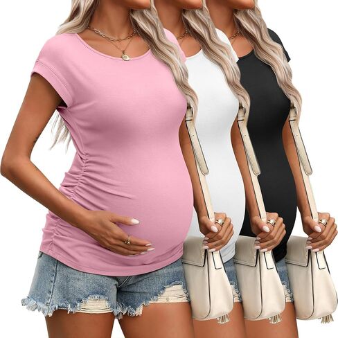 Ficerd 3 Pack Women's Maternity T-Shirts Side Ruched Pregnancy Tops Crew Neck Cap Sleeve Tee Cotton Short Sleeve Mama Clothes in Saudi Arabia