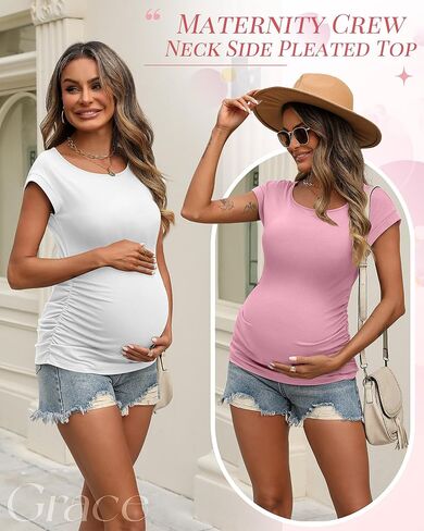 Ficerd 3 Pack Women's Maternity T-Shirts Side Ruched Pregnancy Tops Crew Neck Cap Sleeve Tee Cotton Short Sleeve Mama Clothes in Saudi Arabia