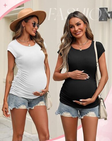 Ficerd 3 Pack Women's Maternity T-Shirts Side Ruched Pregnancy Tops Crew Neck Cap Sleeve Tee Cotton Short Sleeve Mama Clothes in Saudi Arabia