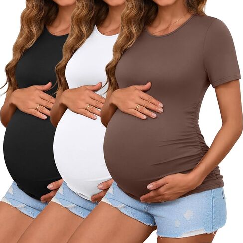 Ficerd 3 Pack Women's Maternity T-Shirts, Short Sleeve Cotton Maternity Tops Comfy Crew Neck Side Ruched Maternity Clothes in Kuwait