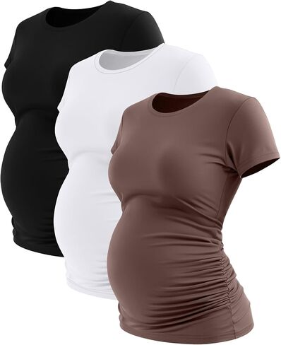 Ficerd 3 Pack Women's Maternity T-Shirts, Short Sleeve Cotton Maternity Tops Comfy Crew Neck Side Ruched Maternity Clothes in Kuwait