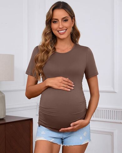 Ficerd 3 Pack Women's Maternity T-Shirts, Short Sleeve Cotton Maternity Tops Comfy Crew Neck Side Ruched Maternity Clothes in Kuwait