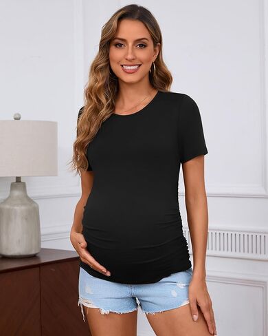 Ficerd 3 Pack Women's Maternity T-Shirts, Short Sleeve Cotton Maternity Tops Comfy Crew Neck Side Ruched Maternity Clothes in Kuwait