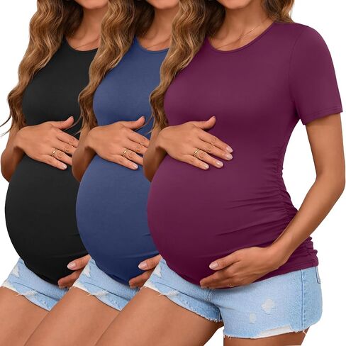Ficerd 3 Pack Women's Maternity T-Shirts, Short Sleeve Cotton Maternity Tops Comfy Crew Neck Side Ruched Maternity Clothes in Kuwait