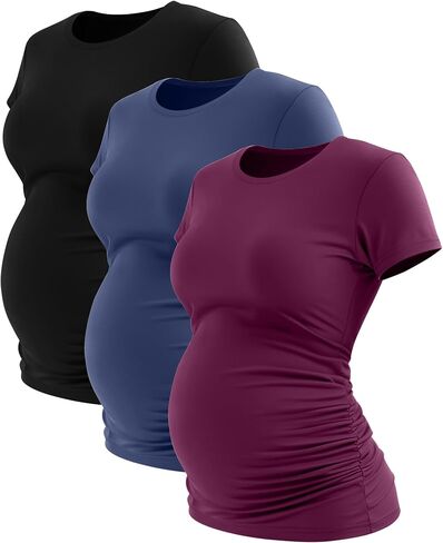 Ficerd 3 Pack Women's Maternity T-Shirts, Short Sleeve Cotton Maternity Tops Comfy Crew Neck Side Ruched Maternity Clothes in Kuwait
