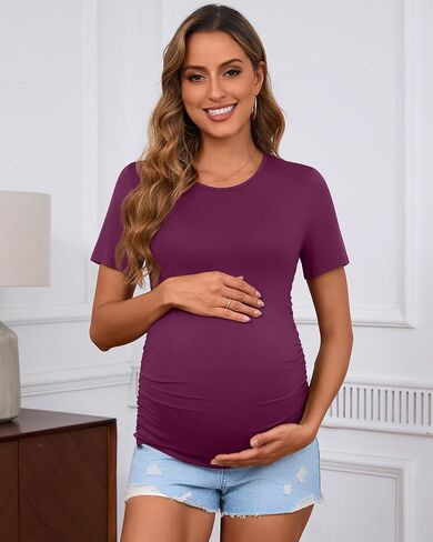 Ficerd 3 Pack Women's Maternity Side Ruched T-Shirts | Pregnant Woman Short Sleeve Tops, Comfy, Crew Neck, Pregnancy Clothes, Summer, Solid Color in Saudi Arabia
