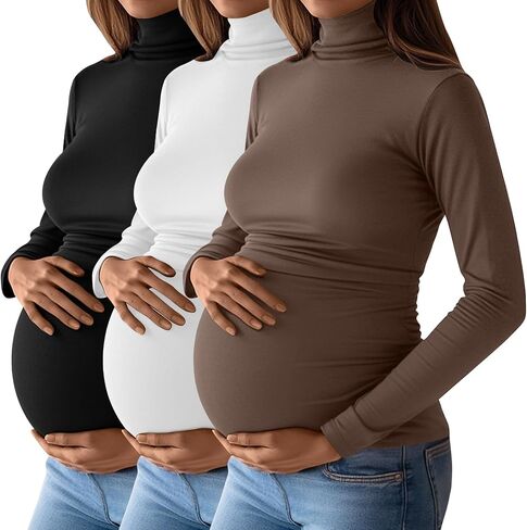 Ficerd 3 Pack Women's Maternity Shirts, Turtleneck Long Sleeve Pregnancy Tops Casual Side Ruched Maternity Tees Mama Clothes in Saudi Arabia