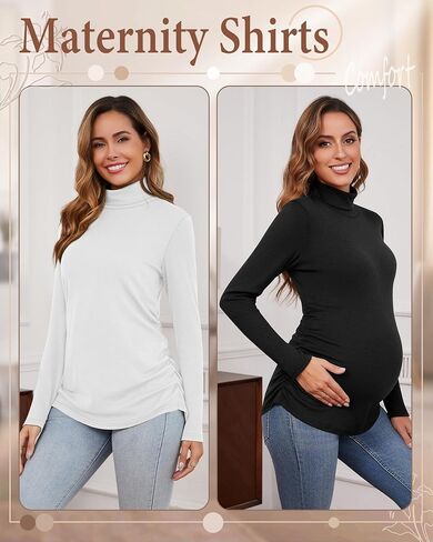 Ficerd 3 Pack Women's Maternity Shirts, Turtleneck Long Sleeve Pregnancy Tops Casual Side Ruched Maternity Tees Mama Clothes in Saudi Arabia