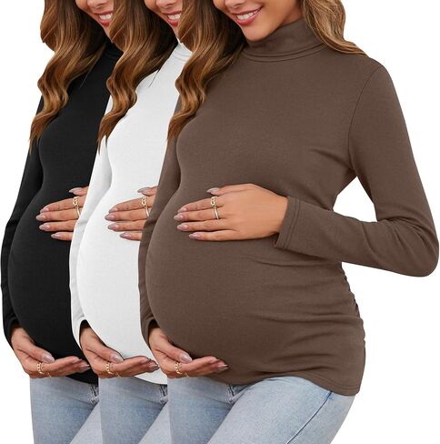 Ficerd 3 Pack Women's Maternity Shirts, Turtleneck Long Sleeve Pregnancy Tops Casual Side Ruched Maternity Tees Mama Clothes in Saudi Arabia