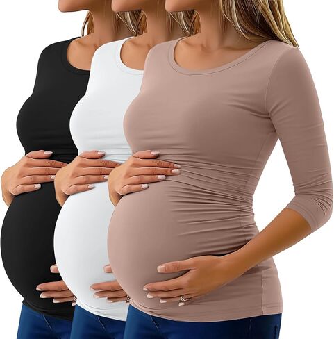 Ficerd 3 Pack Tops Women's Paternity Tops 3/4 Sleeve Side Ruched Tunic Tunic Tunic Dressings for Women in Kuwait