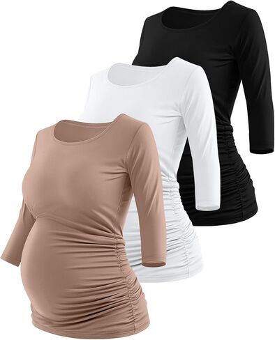Ficerd 3 Pack Tops Women's Paternity Tops 3/4 Sleeve Side Ruched Tunic Tunic Tunic Dressings for Women in Kuwait