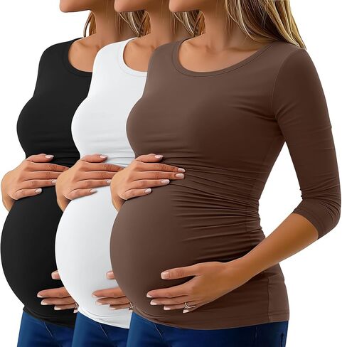 Ficerd 3 Pack Tops Women's Paternity Tops 3/4 Sleeve Side Ruched Tunic Tunic Tunic Dressings for Women in Kuwait