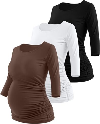 Ficerd 3 Pack Tops Women's Paternity Tops 3/4 Sleeve Side Ruched Tunic Tunic Tunic Dressings for Women in Kuwait