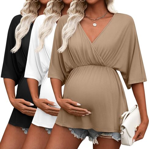 Ficerd 3 حزمة قمصان الأمومة النسائية ، V الرقبة Pajamas الحمل قمة قمة 3/4 ملابس النوم من أجل الرضاعة الطبيعية in Saudi Arabia