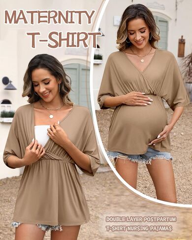 Ficerd 3 حزمة قمصان الأمومة النسائية ، V الرقبة Pajamas الحمل قمة قمة 3/4 ملابس النوم من أجل الرضاعة الطبيعية in Saudi Arabia