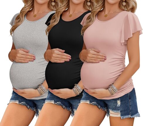 Ekouaer Women's Maternity Shirts 3 Packs Flying Short Sleeve Pregnancy Tops Side Ruched Tunic Blouse Mama Clothes S-XXL in Saudi Arabia
