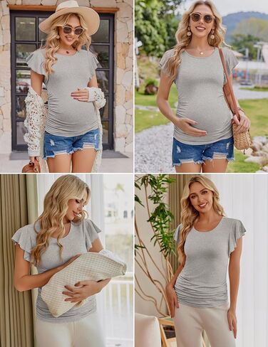 Ekouaer Women's Maternity Shirts 3 Packs Flying Short Sleeve Pregnancy Tops Side Ruched Tunic Blouse Mama Clothes S-XXL in Saudi Arabia