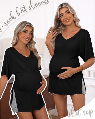 Ficerd 3 Pack Maternity Shirts Cotton V Neck Mama Tee Dolman Sleeve Side Split Pregnancy Clothes Summer Oversized Tops in Saudi Arabia