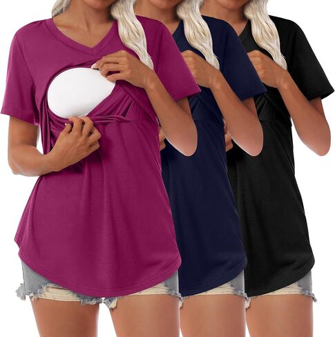 Ficerd 3 Pcs Women's Maternity Shirts Short Sleeve Double Layer Nursing Top for Breastfeeding Cotton V Neck Pregnancy Cloth in Saudi Arabia