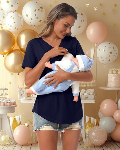 Ficerd 3 Pcs Women's Maternity Shirts Short Sleeve Double Layer Nursing Top for Breastfeeding Cotton V Neck Pregnancy Cloth in Saudi Arabia