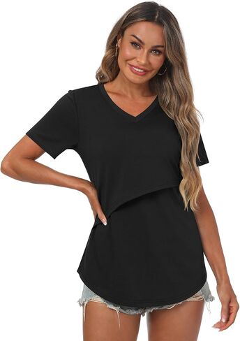 Ficerd 3 Pcs Women's Maternity Shirts Short Sleeve Double Layer Nursing Top for Breastfeeding Cotton V Neck Pregnancy Cloth in Saudi Arabia