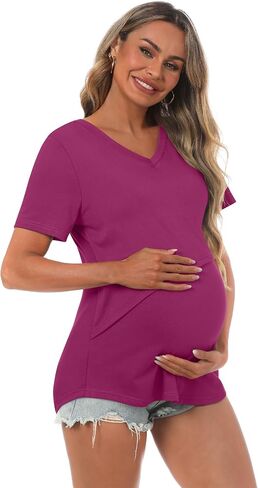 Ficerd 3 Pcs Women's Maternity Shirts Short Sleeve Double Layer Nursing Top for Breastfeeding Cotton V Neck Pregnancy Cloth in Saudi Arabia