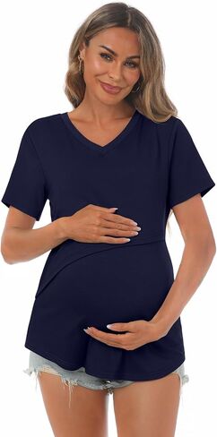 Ficerd 3 Pcs Women's Maternity Shirts Short Sleeve Double Layer Nursing Top for Breastfeeding Cotton V Neck Pregnancy Cloth in Saudi Arabia