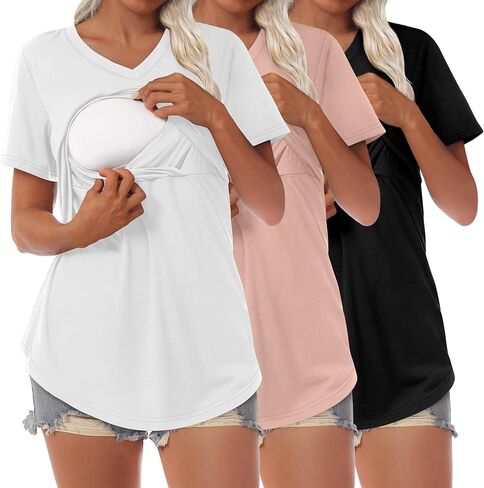Ficerd 3 Pcs Women's Maternity Shirts Short Sleeve Double Layer Nursing Top for Breastfeeding Cotton V Neck Pregnancy Cloth in Saudi Arabia