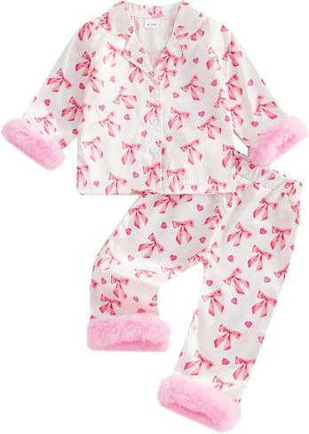 Kuriozud Toddler Girl Pajamas Valentines Day Baby Silk Satin Nightgown Little Kids Girls Pjs Button Down 2 Piece Pajamas Set in Saudi Arabia