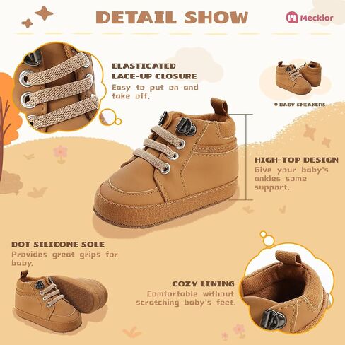 Meckior Toddler Baby Boys Girls High Tops Ankle Sneakers Soft Anti-Slip Sole PU Leather Moccasins Infant Newborn Prewalker First Walking Crib Shoes in Kuwait